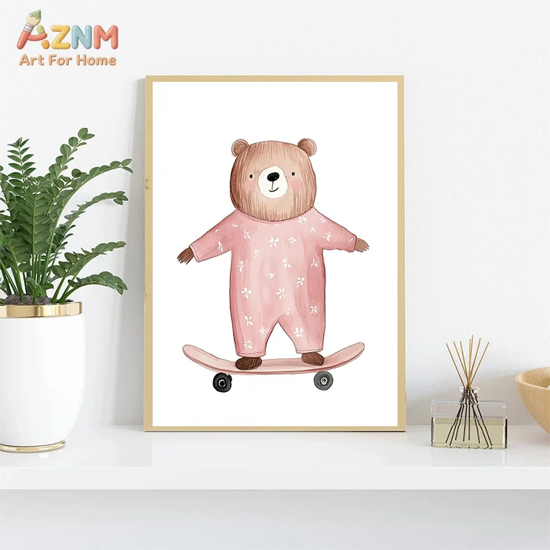 AZNM Watercolor Cute Animal Canvas Print Unicorn Koala Llama Mermaid Deer Duck Bear Cloud Unframed Canvas Wall Art Neutral Nurse