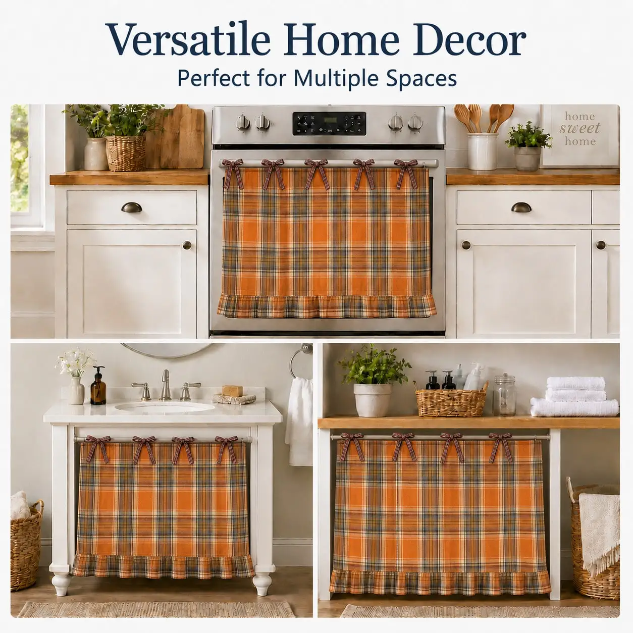 Fall Plaid Oven Door Curtain, Vintage Farmhouse Style Warm Orange Brown Polyester Plaid Fabric, Bow Top and Ruffle Hem