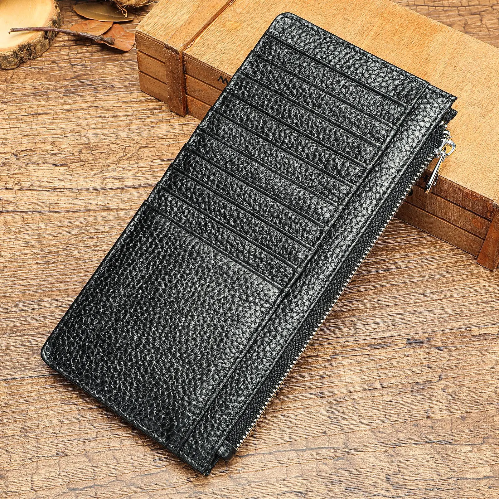 Leren damesportemonnee Lange Japanse kaarttas met meerdere kaarten Toplaag koeienhuid ritszakje Lange damesportemonnee