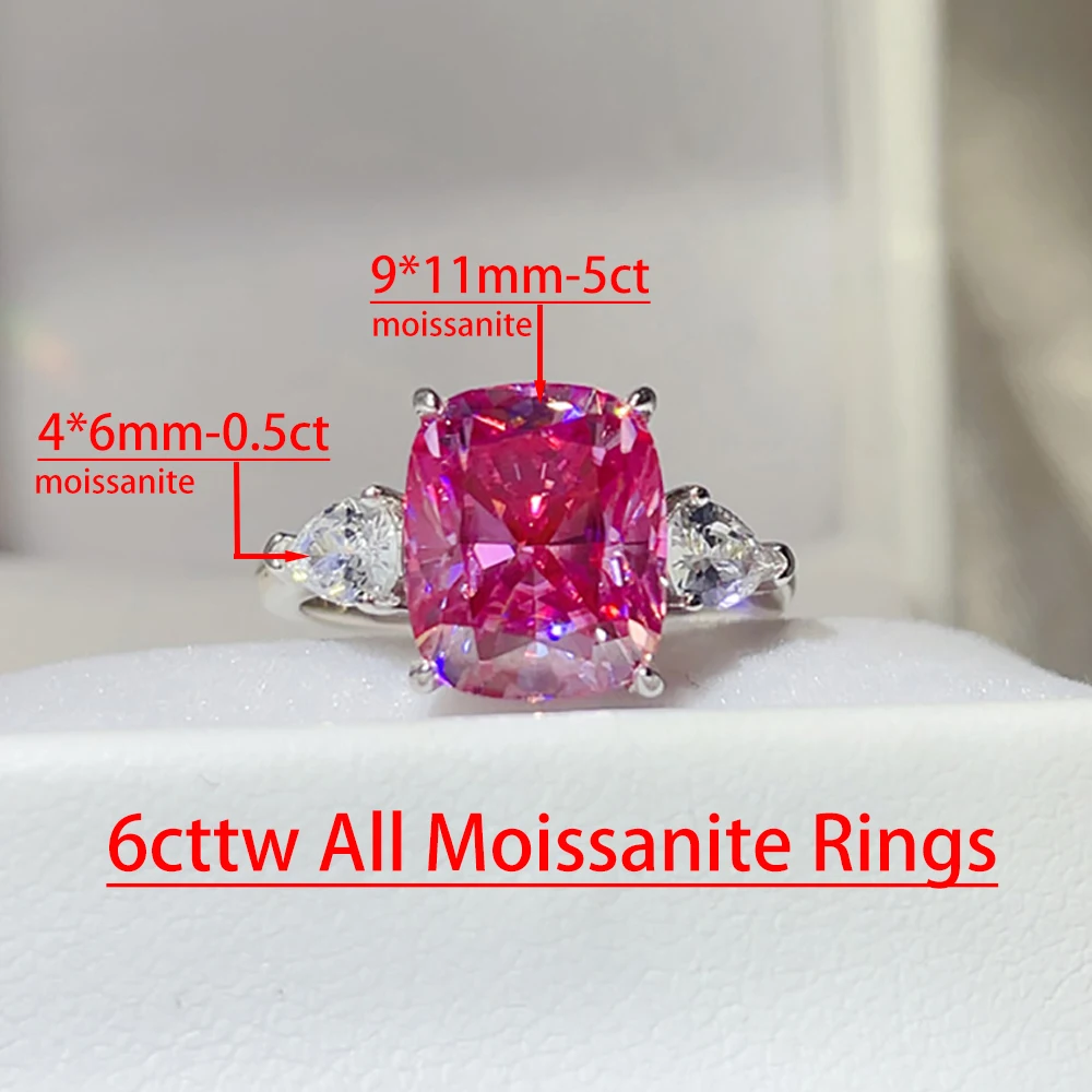 Serenity 5ct Roze Kussen Geslepen Moissanite Ringen voor Vrouwen Mannen 100% S925 Sterling Zilveren Band Sieraden Kussenvormige Eternity Ringen