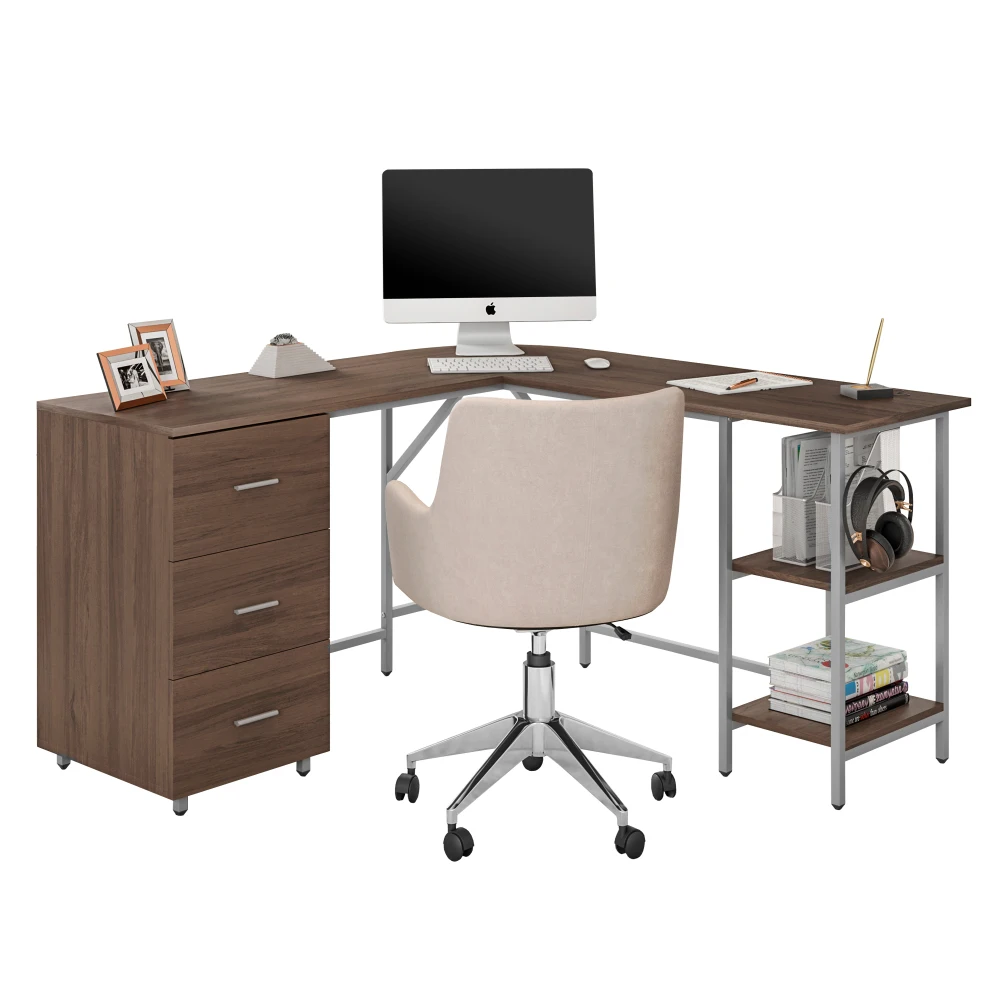 Techni Mobili L-Shape Home Office Two Tone Desk with Storage, Walnut