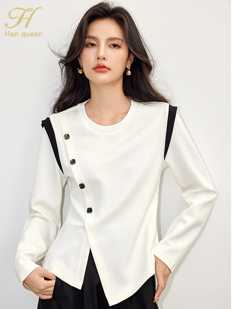 H Han Queen 2024 Spring Woman Clothes Korean O-Neck Vintage Office Tops Long Sleeve Casual T-Shirts Korean Loose Tees Clothing