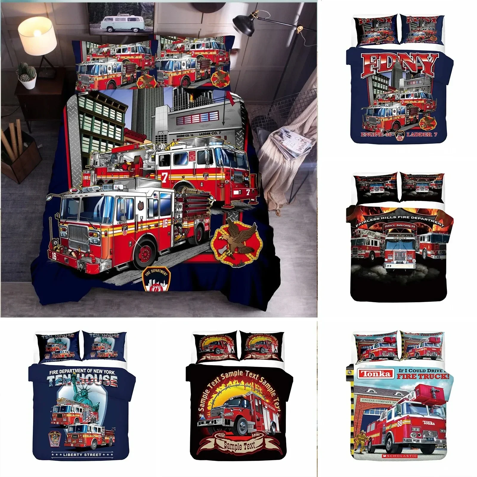 Firefighter Truck Red Firemen Car Comfortable Duvet Quilt Cover Pillowcase Bedding Set Children Bedroom Decoration Home Textile