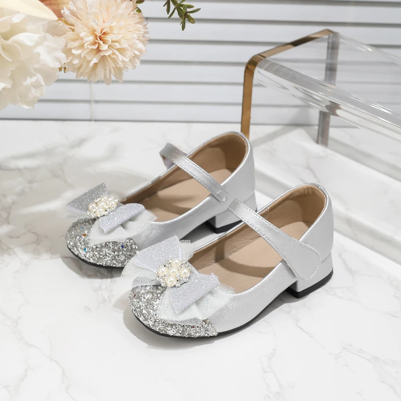 New Children's Princess Leather Shoes Pearl Bowknot High Heels for Girls Sequins Versatile Performance Kids Causal Dress Shoes