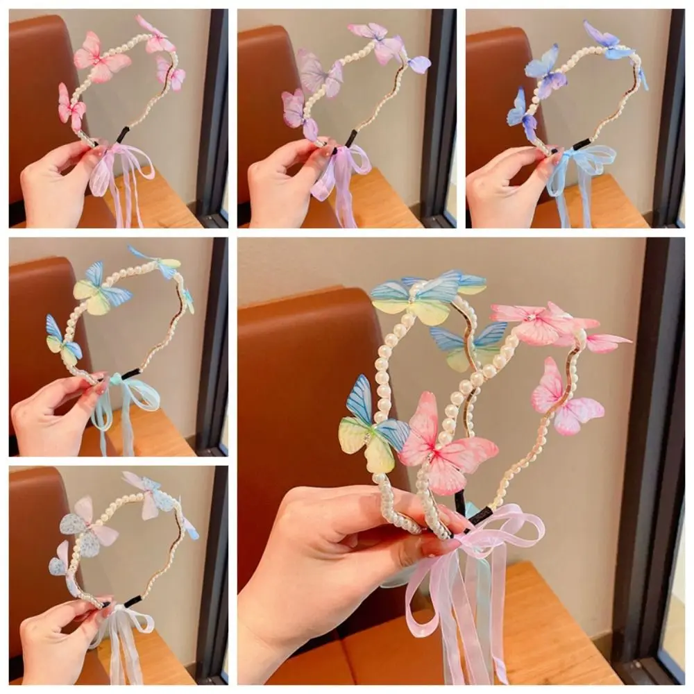 Korean Style Butterfly Ribbon Hairband Gradient Color Head Wear Moving Wings Hair Hoop 3D Hair Clip Children Pearl Headband