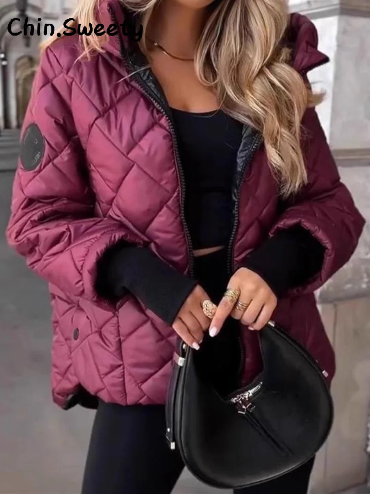 

Шикарные женские стеганые хлопковые пальто с капюшоном, однотонные свободные пальто с длинными рукавами и карманами на молнии, утепленная куртка 2025 года, зимняя женская теплая верхняя одежда, новинка