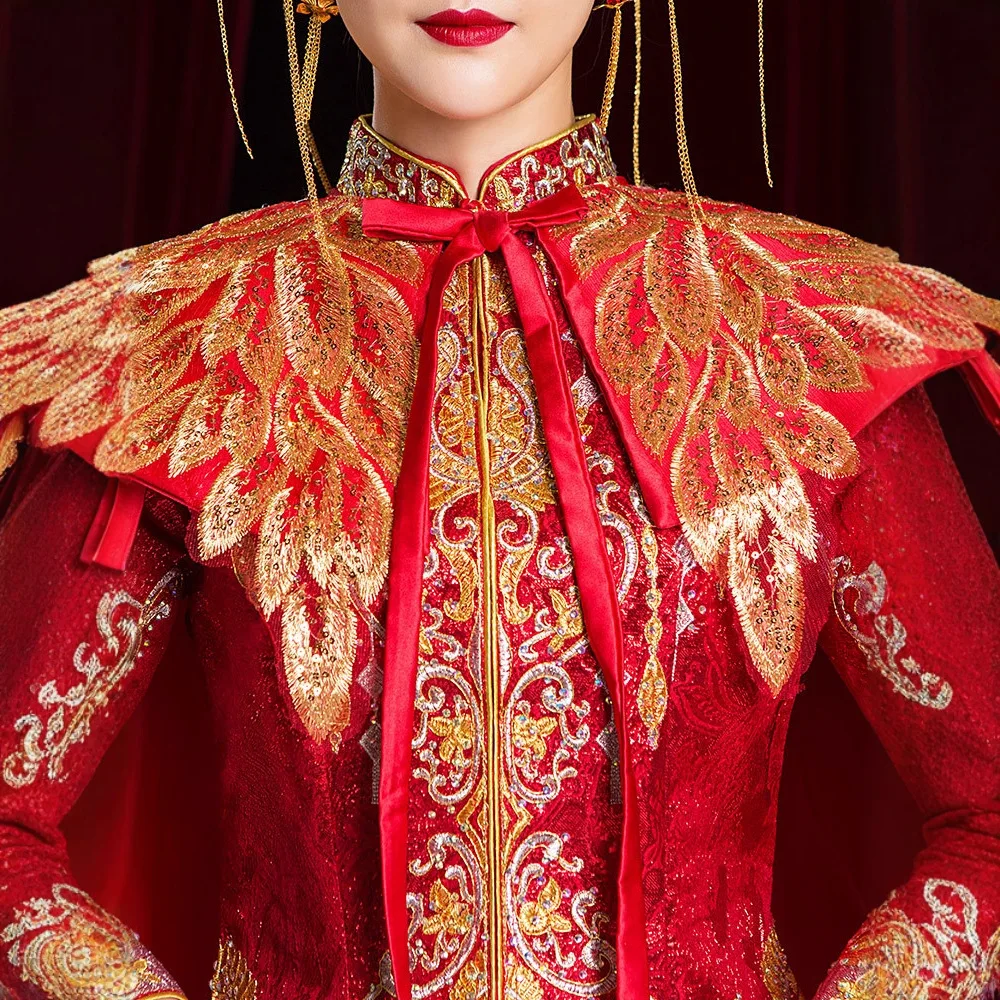 Chinese Bridal Cape Only,Golden Peacock Phoenix Embroidery Long Train Wedding Cloak Oriental Wedding Accessory