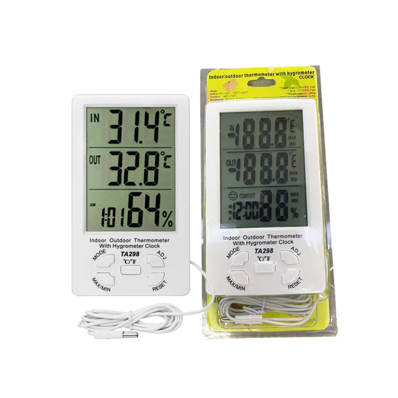 

TA298 Large Screen Digital Display Indoor Outdoor Thermometer Hygrometer Clock C/F Temperature Humidity Meter