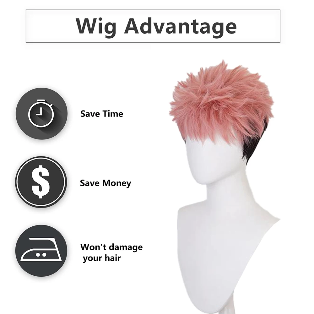 عالية الجودة أنيمي Jujutsu Kaisen Yuji Itadori شعر مستعار صناعي كوسبلاي أسود وردي متدرج شعر قصير منفوش مقاوم للحرارة #4