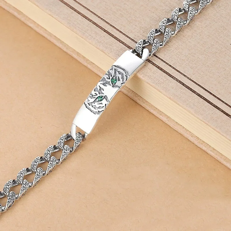 925 Silver charm Couple Style Chain Bangles Hip-Hop Style Tiger Pattern Cuban Glossy Green Zircon Bracelet for Men Jewelry