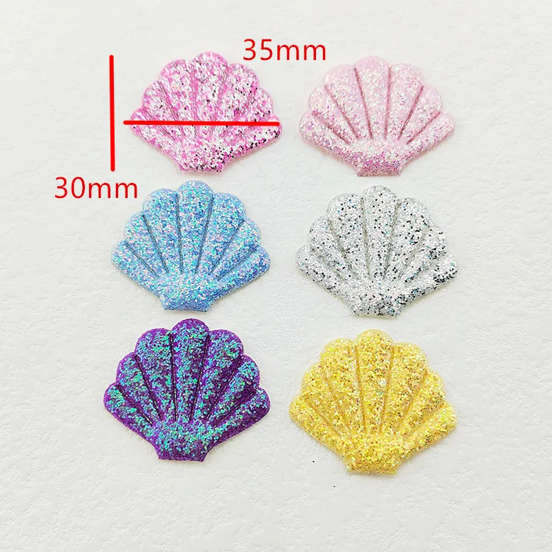 60Pcs 3.5*3CM Shiny Glitter Shell Padded  Appliques For Clothes Hat Sewing Supplies DIY Headwear Hair Clip Bow Decor Patches