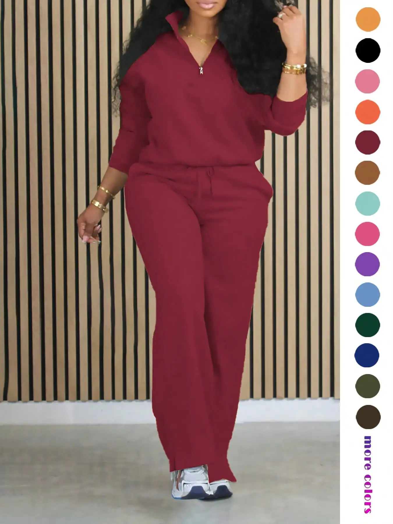 

Women's Solid Color 2-Piece Set: Long Sleeve Zip-Up Top & Drawstring Slit Straight Leg Pants