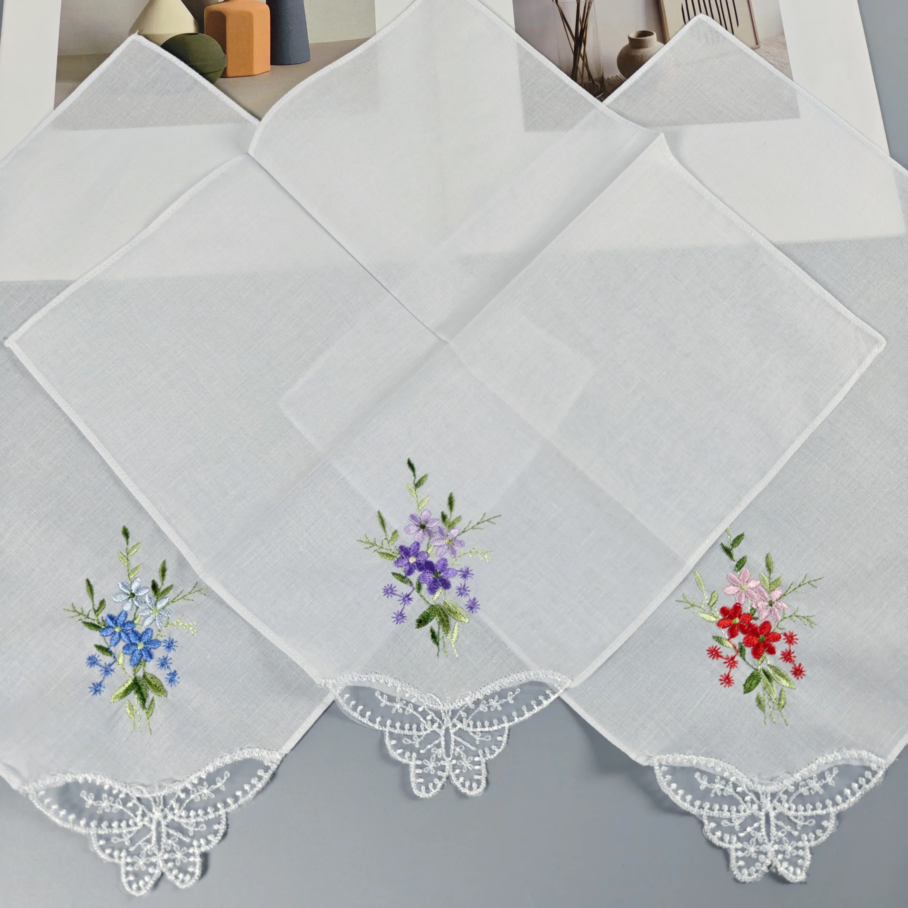 3 PCS Pure White Cotton Embroidered Lace Handkerchiefs Gift Box