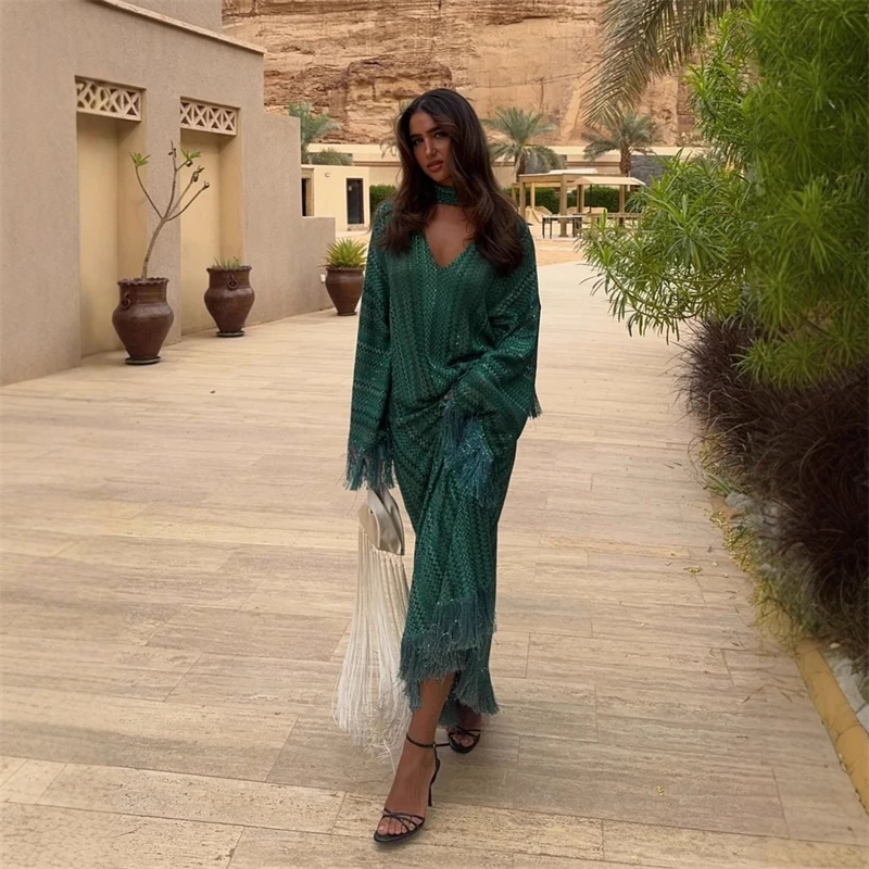 

Sequins Tassels Patchwork Blouse Dress Sets Women Skew Collar One-shoulder Sleeve Oversize Pullover Long Dress Suits Knit Summer