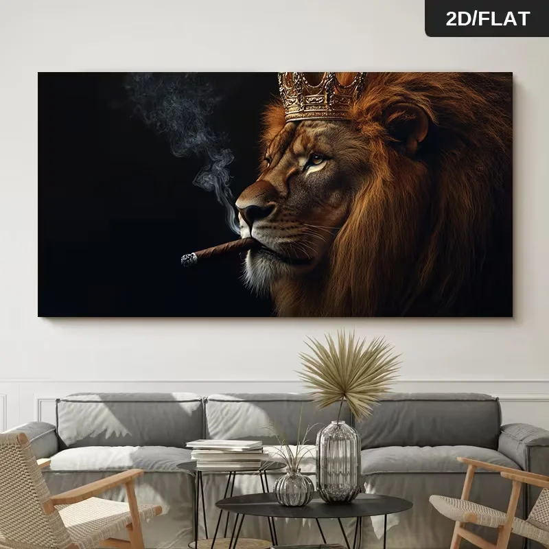2D Flat 1pc 31.49*62.99in/80cm*160cm Modern Abstract Frameless Lion King Smoking Cigar Print Art Wall Art Canvas Painting Art fo