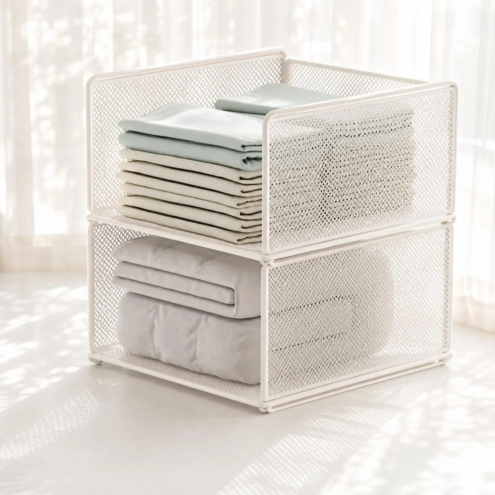 Wrought Iron Closet Storage Organizer Box with Mesh Panels for Wardrobe Shelves and Folded Clothes
