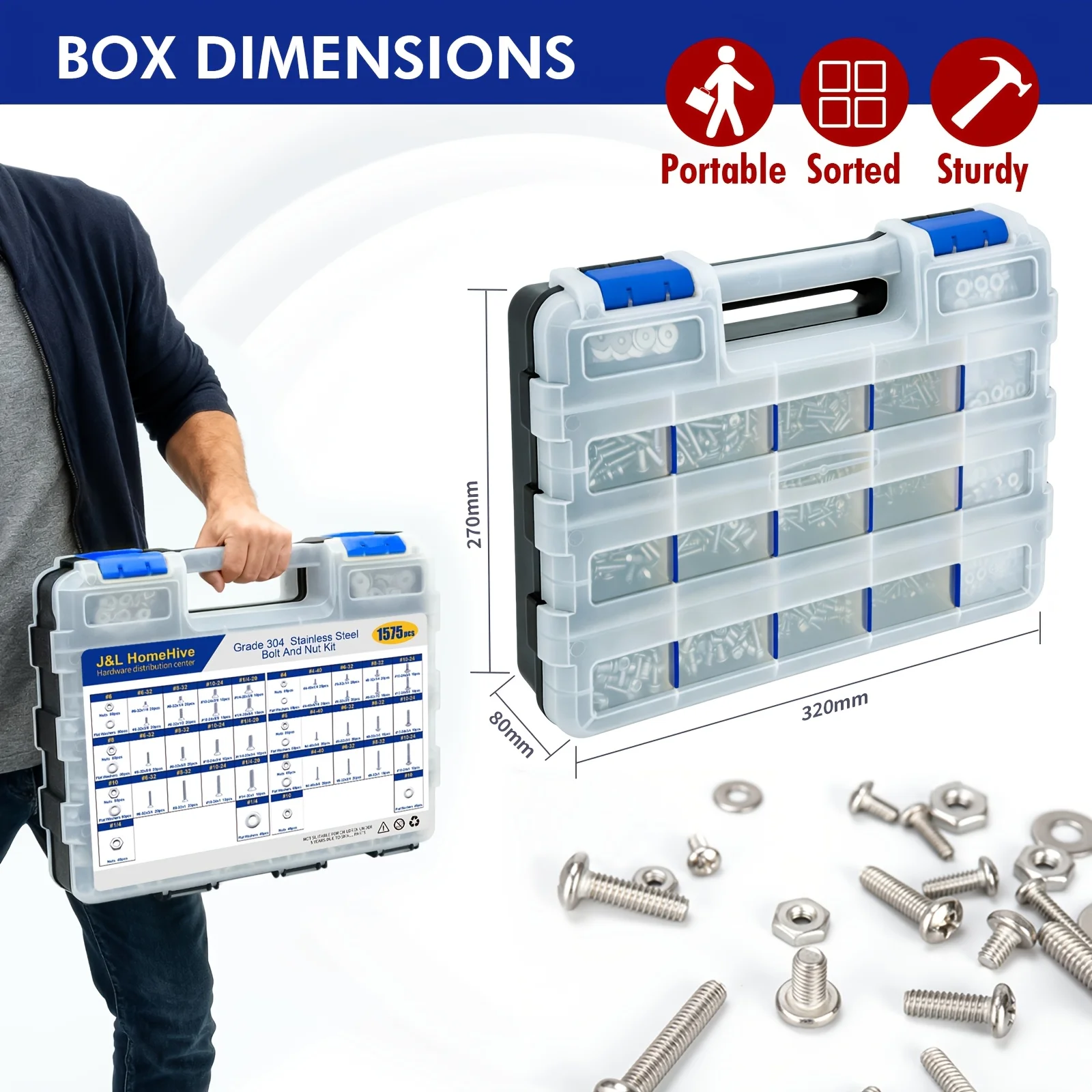 1565 PCS 304 Stainless Steel Nuts and Bolts Assortment Kit, Phillips Pan Head and Flat Head Screws, Assorted Nuts, Bolts and Washers, with Durable Compartment Storage Box, Ideal for Home DIY and Mechanical Repairs