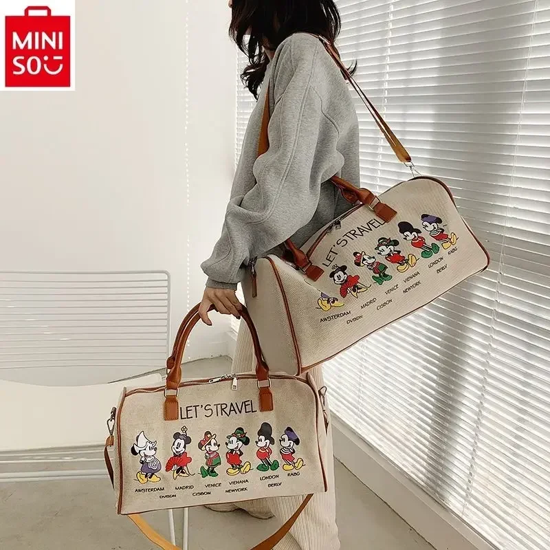 MINISO Disney Fashion Canvas Mickey Printed Travel Handbag Student Large Capacity Casual Storage Luggage Bag