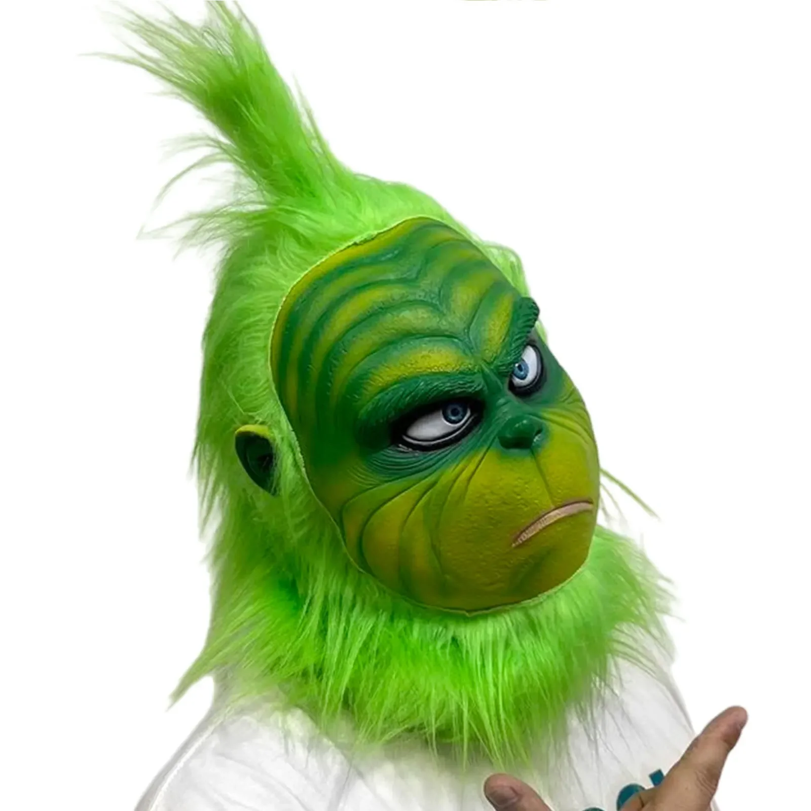 Disfraz navideño de celebridad de Internet: nueva máscara Grinch de látex verde con pelo largo - Sombrero de máscara de monstruo para dibujos animados navideños