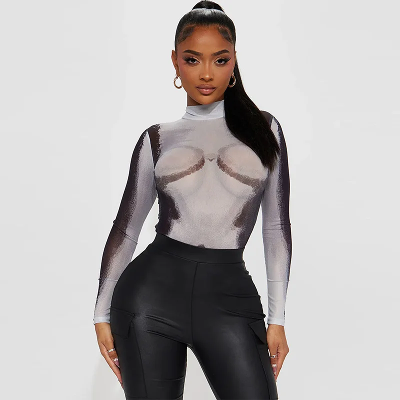 WeiYao-Body imprimé 3D pour femmes, tissu en maille sexy, manches longues, voir à travers des hauts moulants, vêtements pour femmes, club de fête