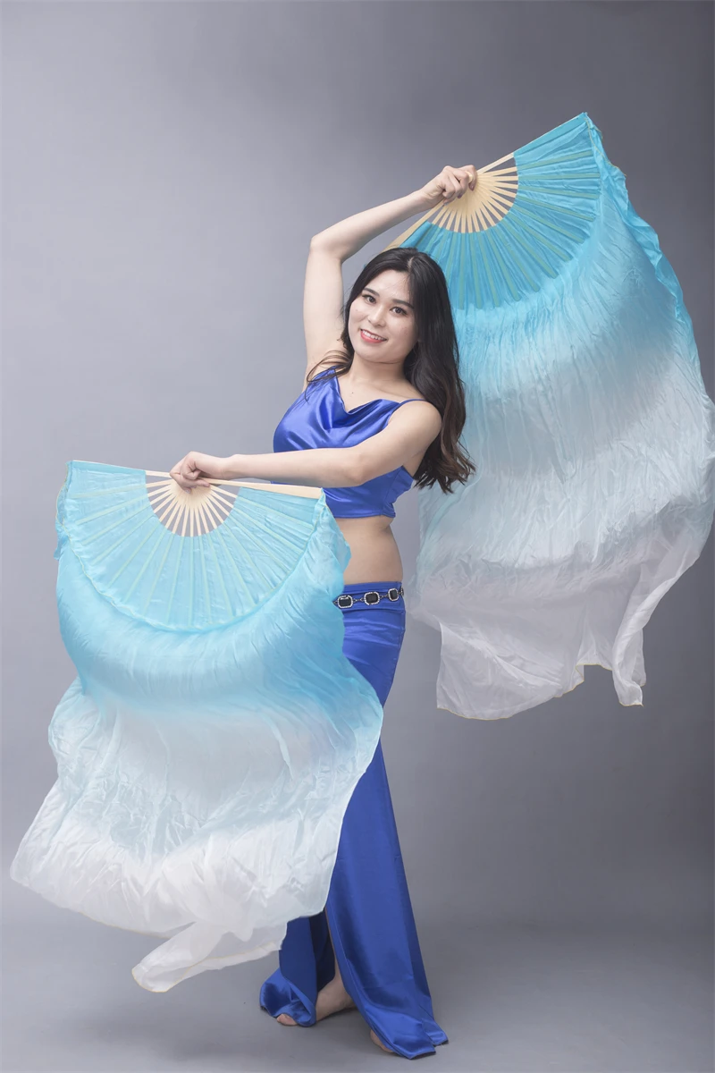 Belly Dance Gradient Dark Blue to White Real 100% Chinese Silk Fans Veils for Belly Dance Performance Costumes Stage Party Show