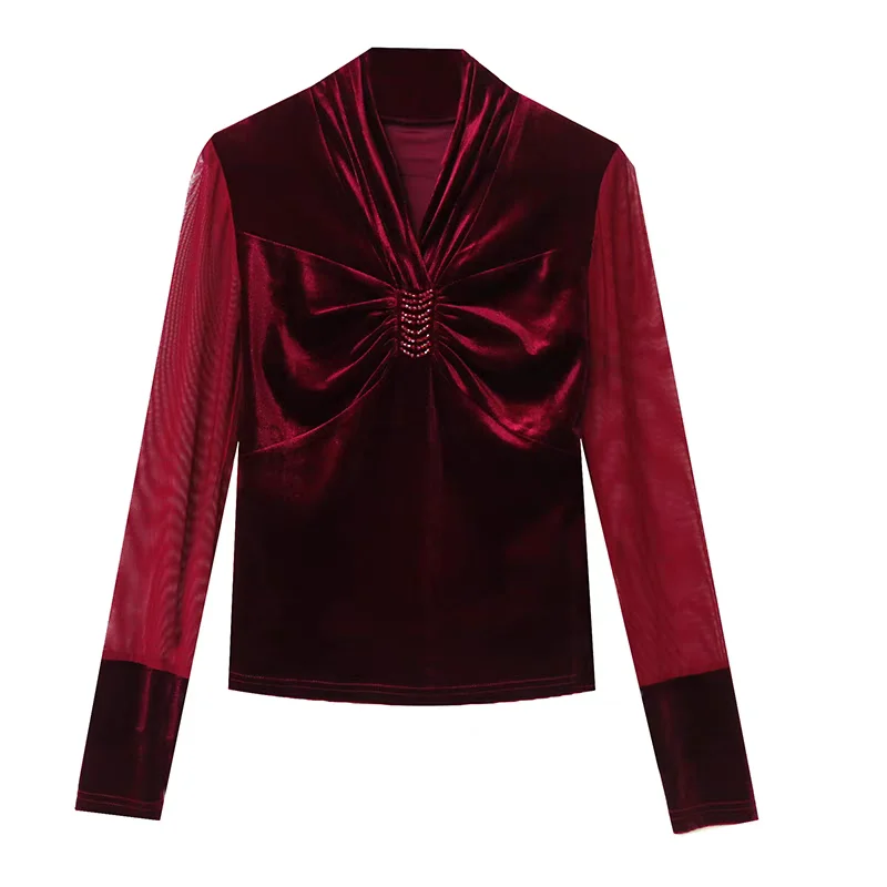 Nuovo Autunno Sexy Con Scollo A V T-Shirt di Velluto delle Donne Vestiti di Modo A Maniche Lunghe Fatte A Mano Che Borda Magliette Elegante Vintage