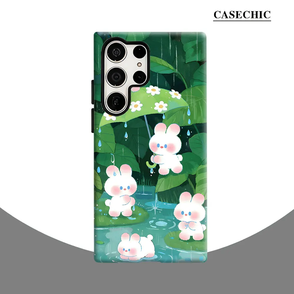 Rainy Day Bunnies Phone Case for Samsung Galaxy S26 S25 Ultra S24 S23 Ultra Plus Shockproof Double layer tough Back Cover