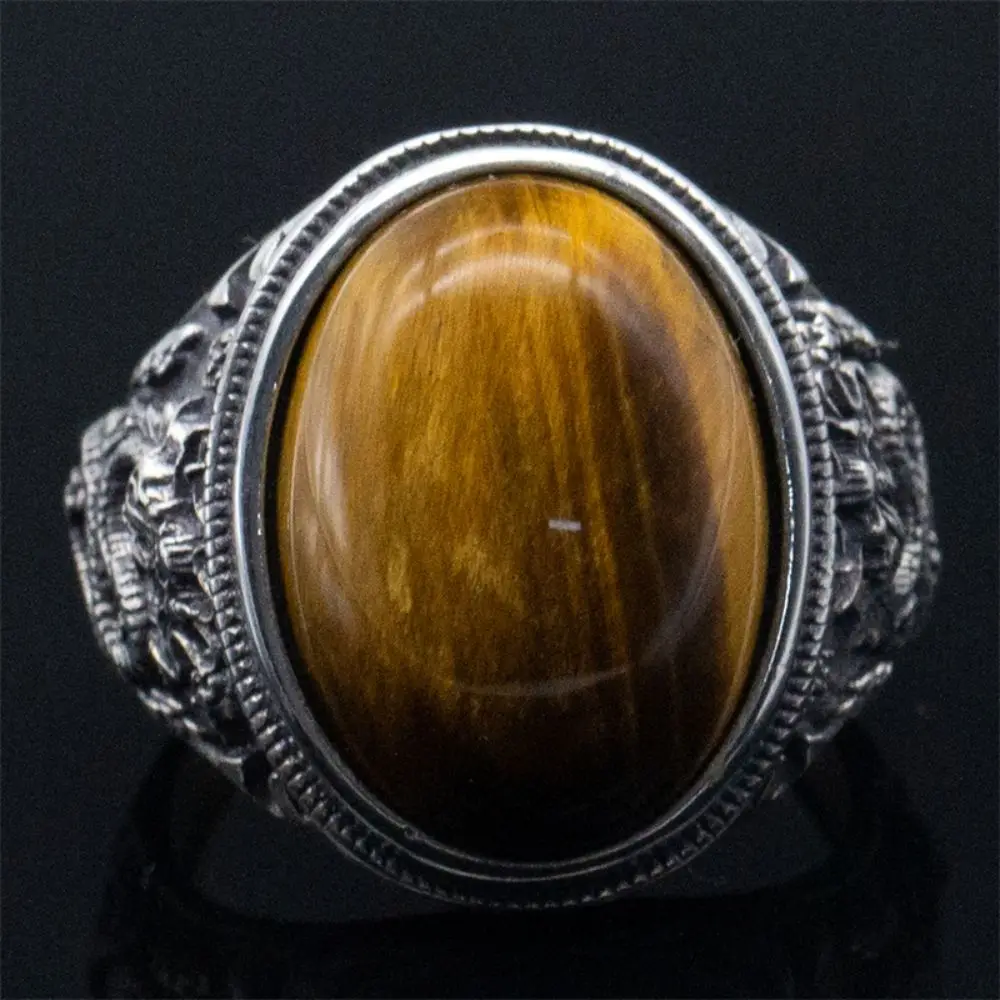 Real 925 Sterling Silver Male Ring Natural Tiger Eye's Stone Dragon Style Silver Ring Band for Men Gift