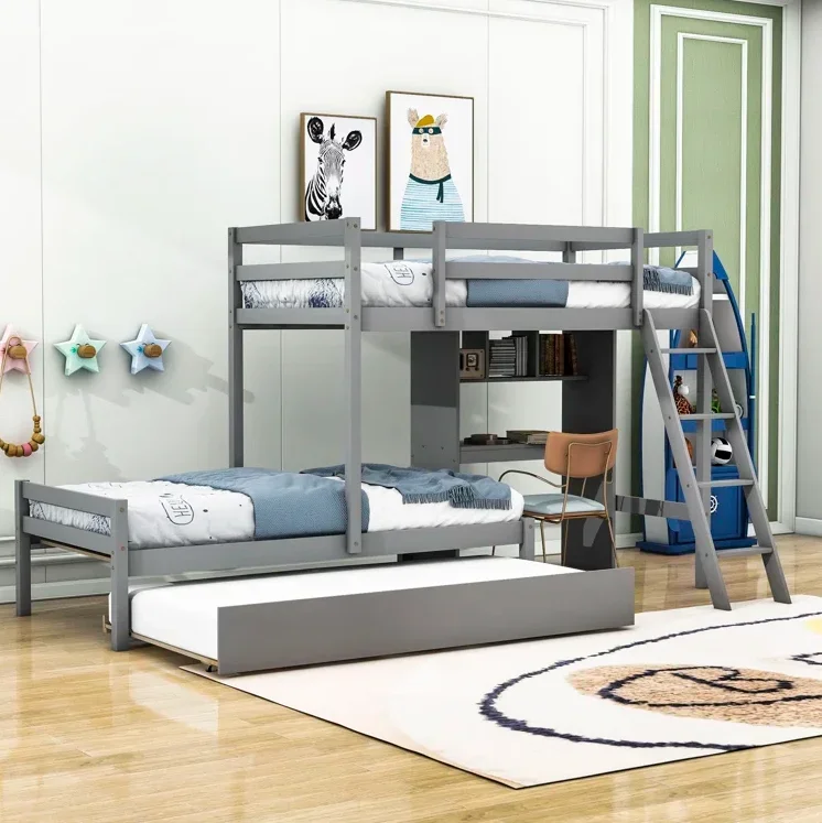 Twin over Twin Bunk Bed with Desk and Trundle Wooden Children Bunk Bed Two Layer Kids House Bed