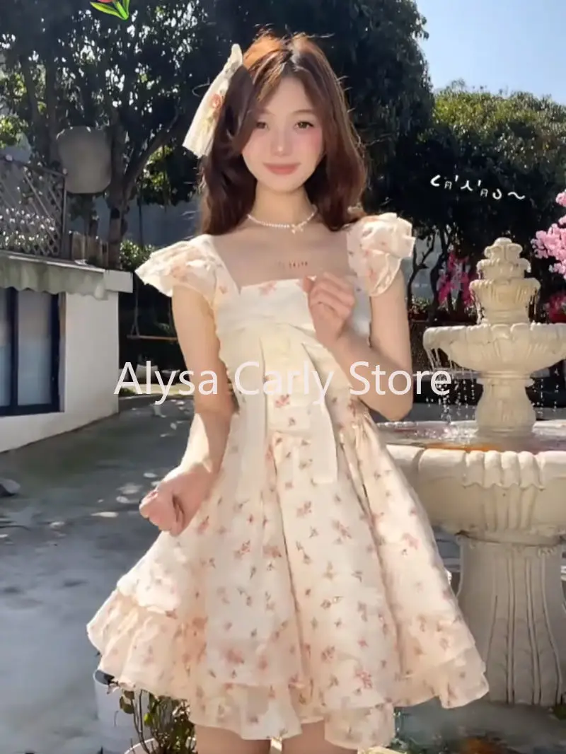 Japan Sweet Floral Mini Dress Women Elegant Cute Bow Flying Sleeve One Piece Dress Summer Sexy Fairy Casual Evening Party Dress