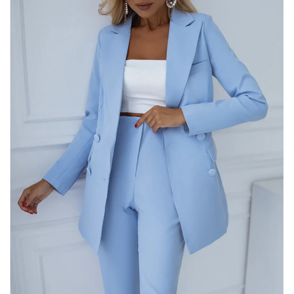 

Luxury Blue Formal Women's Suits Custom Single Breasted Peak Lapel Slim Fit Blazer Business Elegant Women 2 Piece Jacket Pants