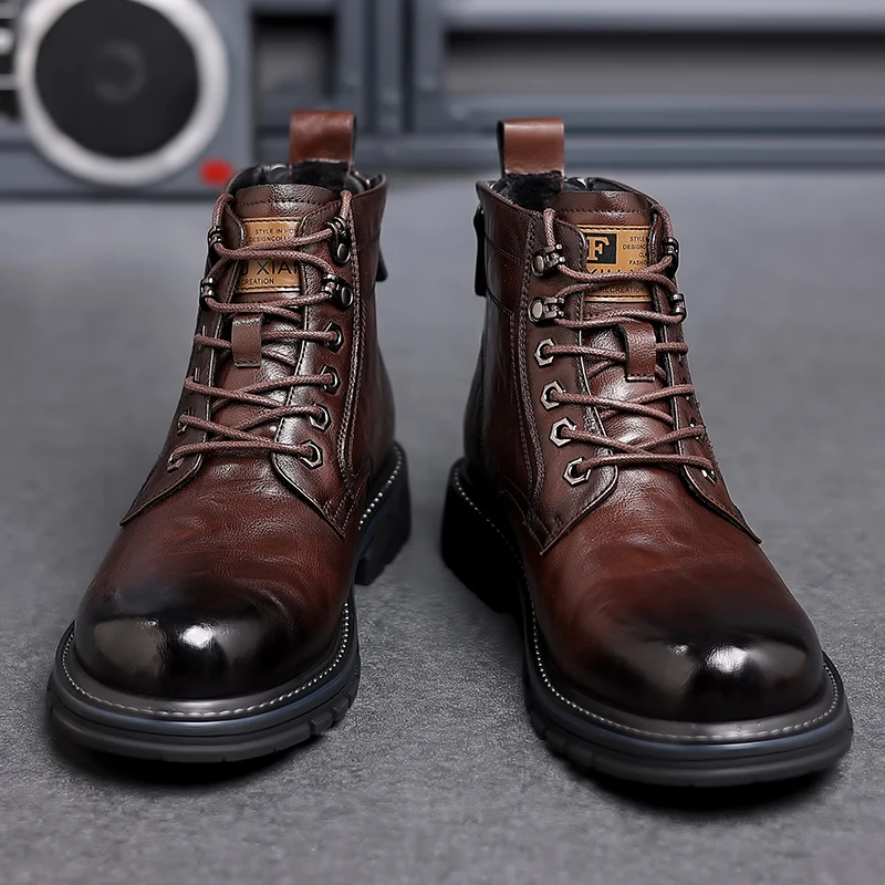 Top Quality Designer Vintage Leather Men Snow Boots Business Fashion Genuine Leather Men Boots Lace Up Outdoor Motorcycle Boots