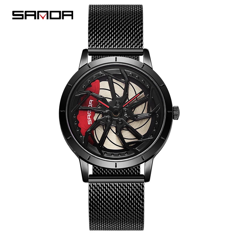 SANDA P1086 2023 Men\'s Wheel Rim Hub Watch Sport Car Men Quartz Watches Waterproof Creative Mesh Luminous Clock relogio masculio