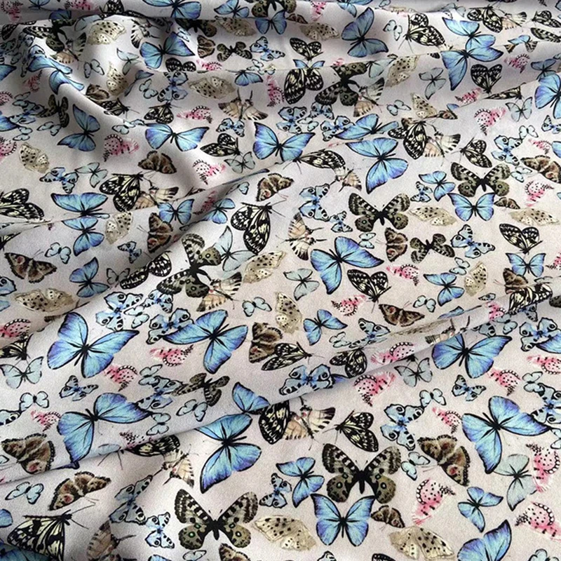 114CM Wide 16mm Colorful Butterflies Printed Thin Silk Crepe de Chine Fabric for DIY Sewing Summer Pants Dress Pajamas C001-68