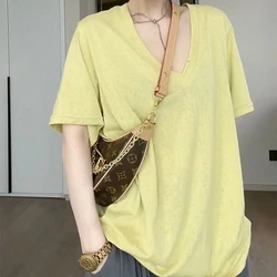 Summer Solid Color Fashion V-Neck T-shirt Women High Street Casual Short Sleeve Loose Pullovers Femme Ventilate Comfortable Tops