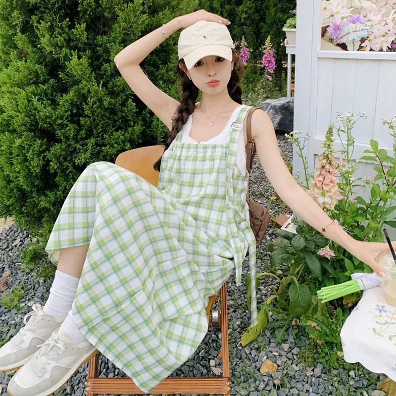 Shpmishal Light Green Age Reducing and Slimming Plaid Strap Dress for Women's Summer New Gentle Long Dresses Female Clothing