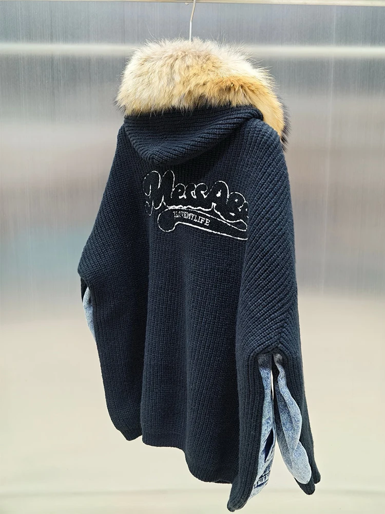 2025 Women Autumn Luxury Real Raccoon Fur Collar Hoodie Knitting Thick Denim Cloth Sweater Hooded Coat