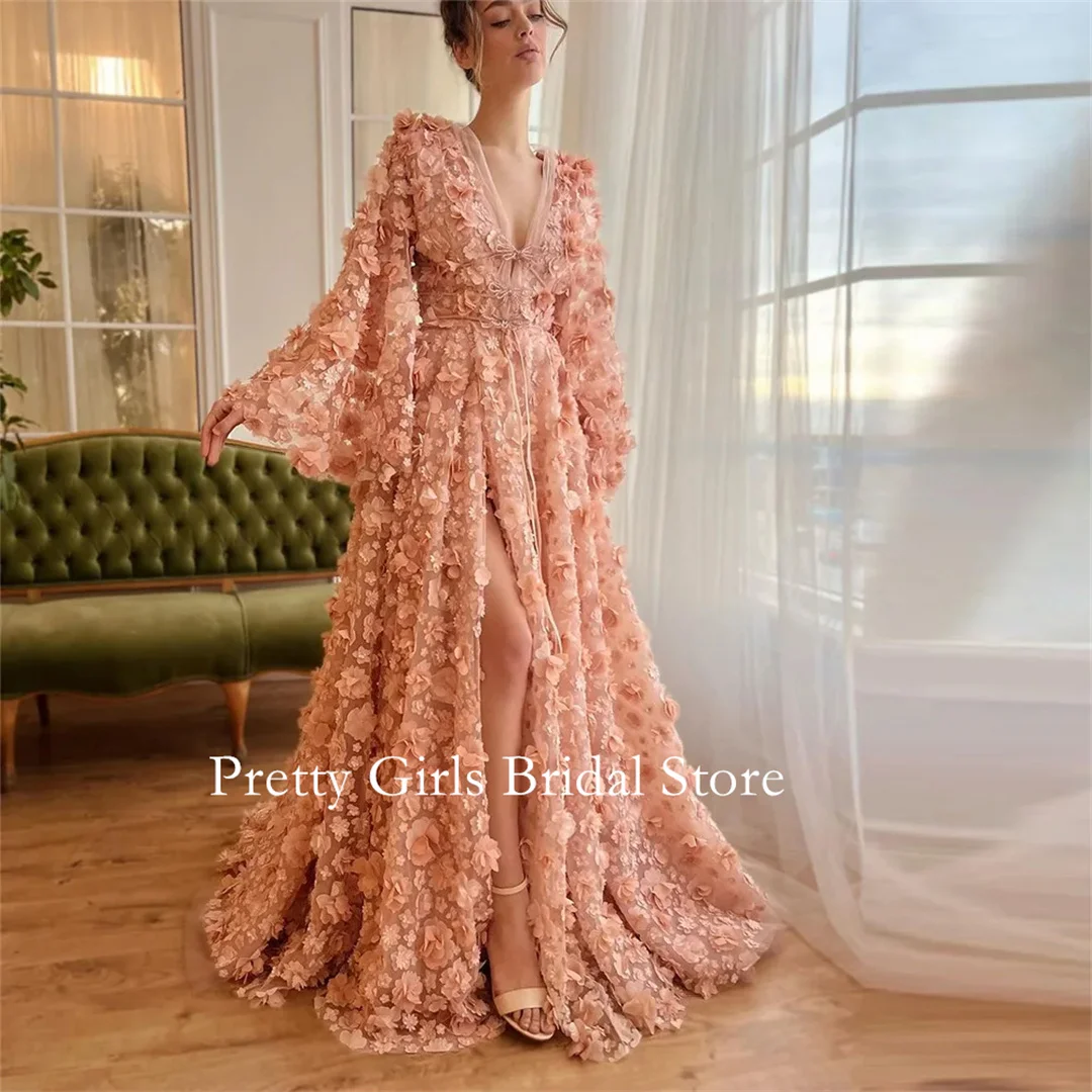 Elegant Exquisite Pink 3D Flowers Embroidery Lace Prom Dresses Customized Side Split A-Line Wedding Party Gowns Evening Dress