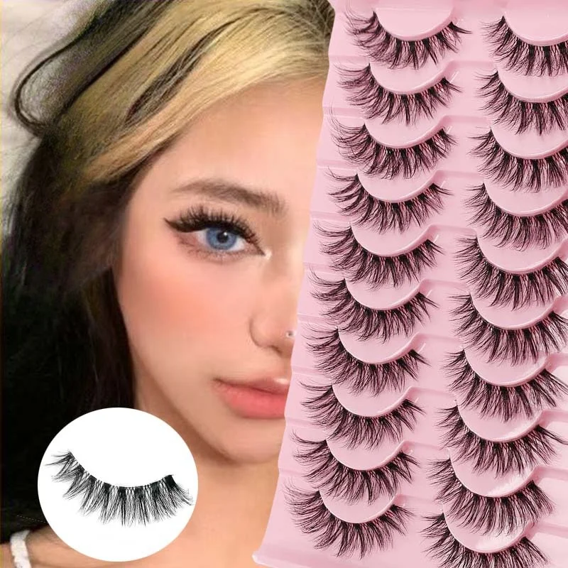 10 Paar künstliche Wimpern im europäischen und amerikanischen Stil, einteiliges würziges Mädchen, dicke dreidimensionale gekräuselte transparente Stiele