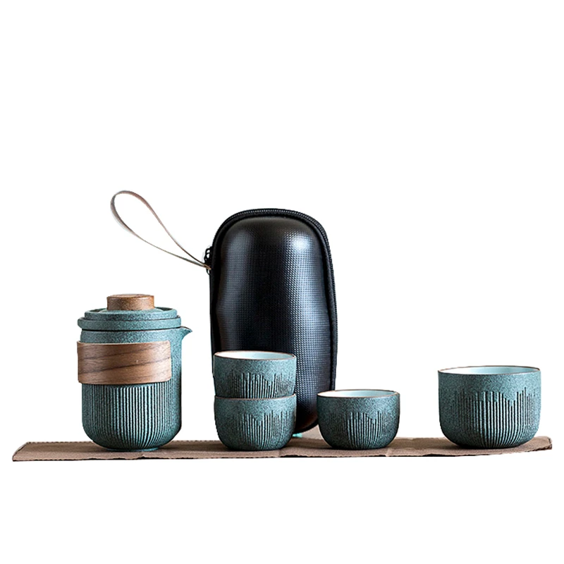 Green Ceramic Teapot for Travel, Portable Tea Set, Drinkware