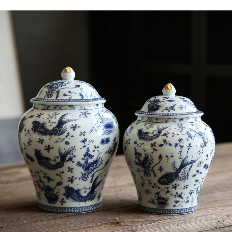 Chinese Vintage Blue and White Porcelain General Jar Ceramic Ginger Airtight Storage Crafts Decoration