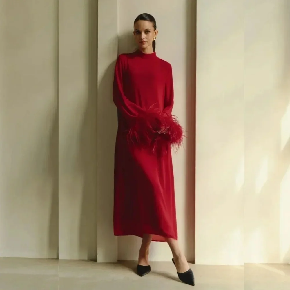 JDY Personalizzato Squisito Chiffon Piuma Pieghettato Tubo Dritto O-Collo Abito Midi Abito da Cocktail Moderno Stile Pastorale Cinese