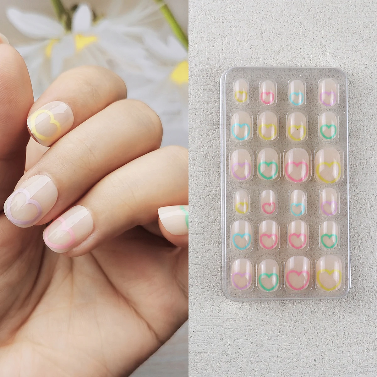 24 Pcs Rainbow Kids Press on Nails Pre-glue Children Heart Pattern False Nail Art Tips Short Full Cover Fake Nails for Girl