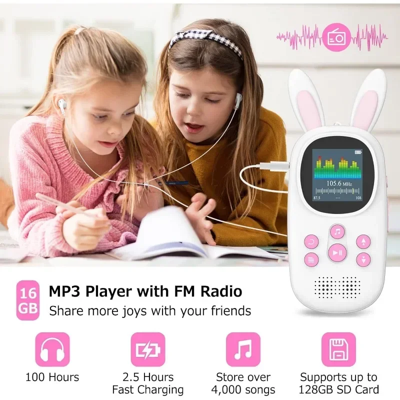 32GB Music MP3 Player for Kids, Cute Bunny Kids Music MP3 Player with BT, MP3 & MP4 Players with Speaker, Support up to 128GB