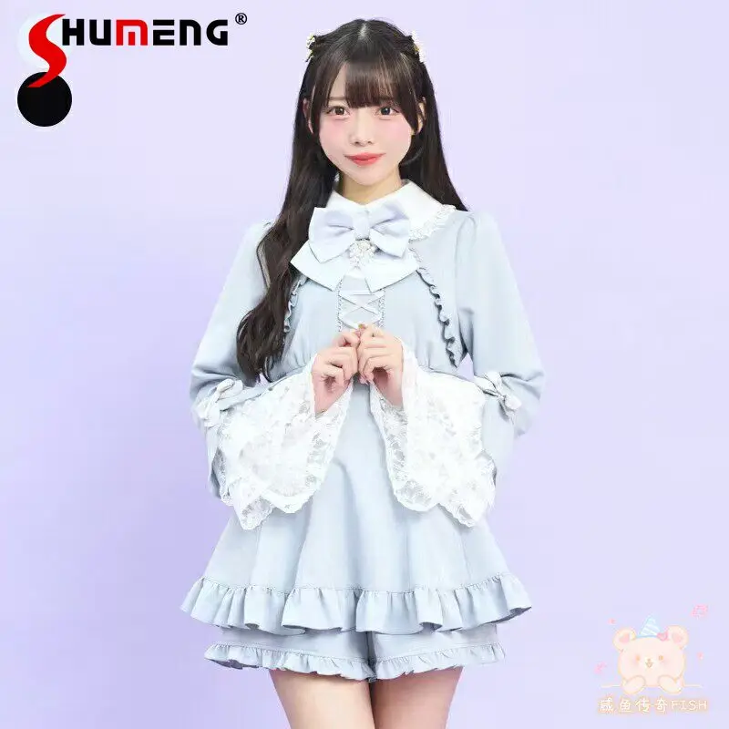 

Japanese Mines Style Mass-produced Doll Collar Bows Lace Long Sleeves Dress High Waist Shorts Two-piece Set Women's Spring 2026