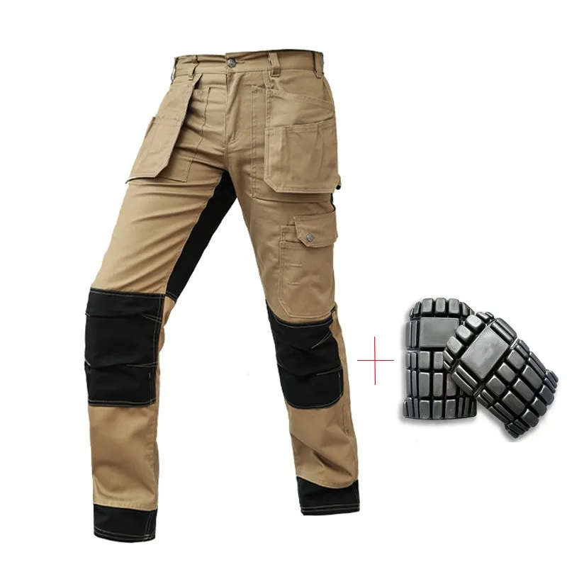 100% Cotton Khaki Work Jacket Work Trousers Overalls Multi-pocket Wear-resistant Working Pants Men Workwear Pants With Knee Pads