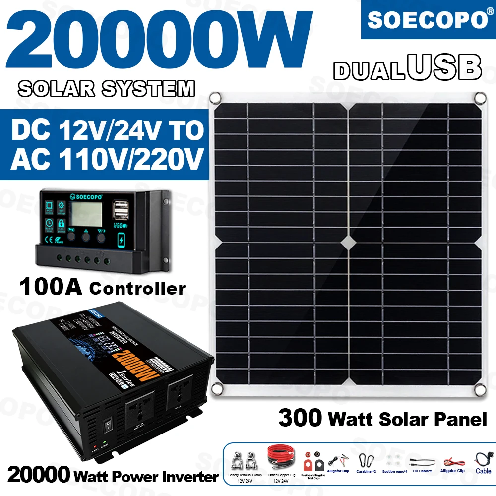 

SOECOPO 20000W Solar System Kit Home 300W Solar Panel Inverter (2 Outlets Dual Voltage Input 12V/24V) 100A Controller Camping