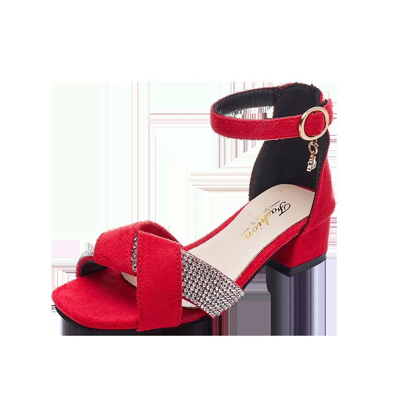 Sandalias de moda para niñas, zapatos de princesa para fiesta de boda, Sandalias de tacón alto con diamantes de imitación, calzado rojo