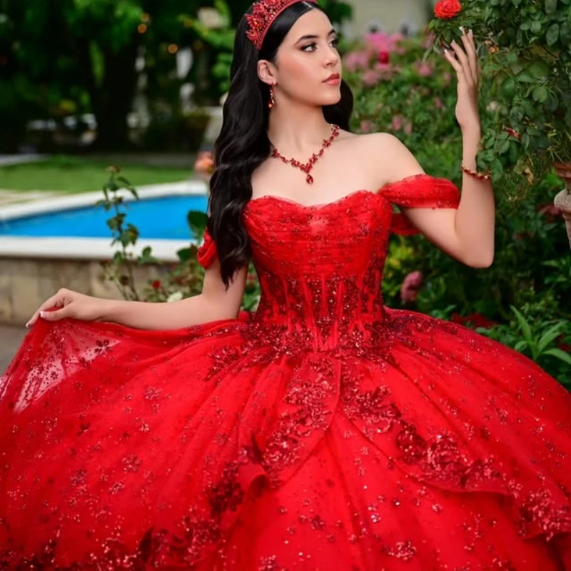 

Красное блестящее платье Quinceanera с открытыми плечами и аппликацией, кружевное тюлевое платье с бисером для вечеринки, дня рождения, милое платье 16, Vestidos De 15 Anos