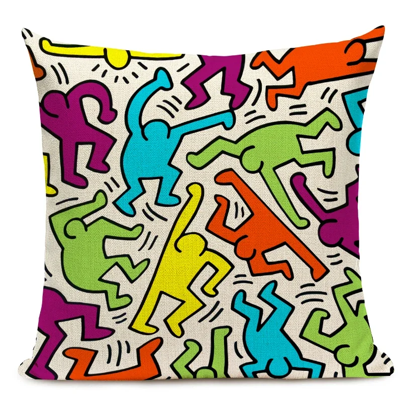 Juste de coussin carrée en lin avec graffiti, taie d\'oreiller décorative, art abstrait coloré, figures pop art